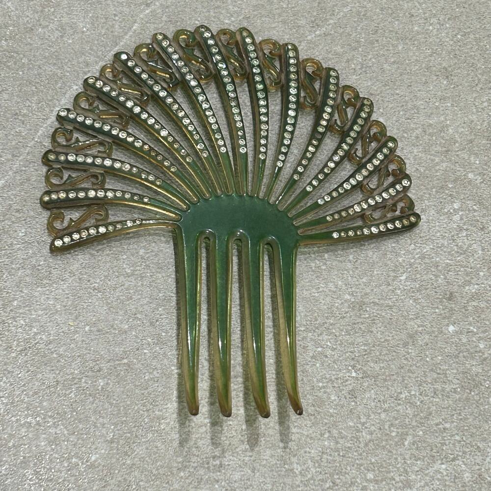 Vintage Art Deco Green Celluloid Rhinestone Hair Comb Fan Design 5 Inch -